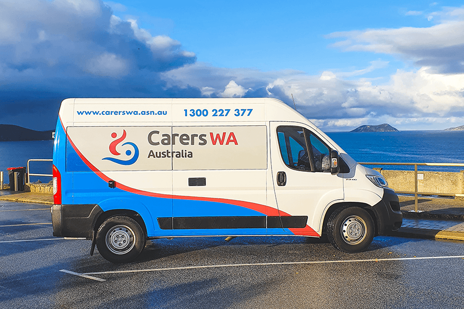 Community engagement van in carpark by the sea