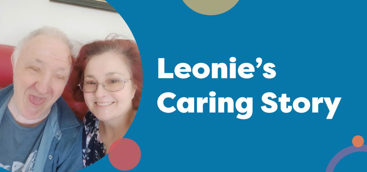 A picture of two people looking at a camera with a blue background. Text reads: "Leonie's Caring story"